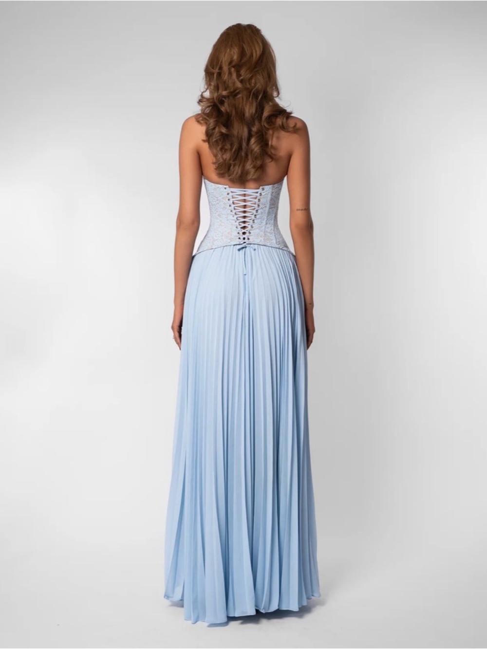 Elegant Light Blue Lace Bodice Halter Evening Dress - Picture 4 of 4